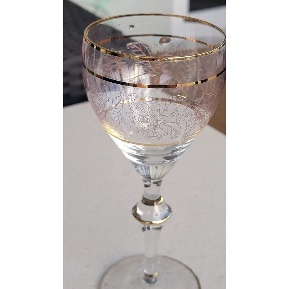Vintage Crystal Wine Glasses Gold Etched & Banded Stemware Set/2